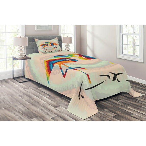 Ambesonne Flamingo Quilted Coverlet 2 Pcs, Valentines Funky Birds, Twin Size, Multicolor