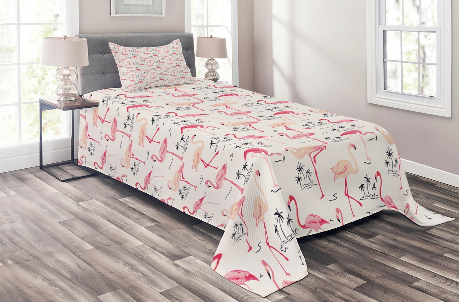 White Twin Flamingo Print Microfiber Bedspread Set