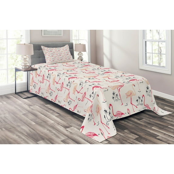Ambesonne Flamingo Quilted Coverlet 2 Pcs, Wild Bird Love Vintage, Twin Size, Beige Pink