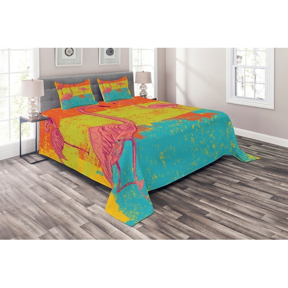 Ambesonne Flamingo Quilted Coverlet 3 Pcs, Retro Vintage Flamingo, King Size, Multicolor