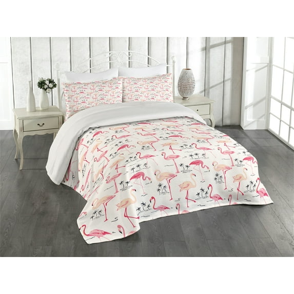 Ambesonne Flamingo Quilted Coverlet 3 Pcs, Wild Bird Love Vintage, King Size, Beige Pink