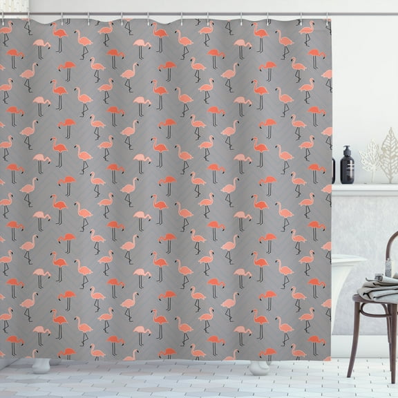 Ambesonne Flamingo Shower Curtain, Forest Birds on Zigzags, 69"Wx84"L, Salmon Pale Grey