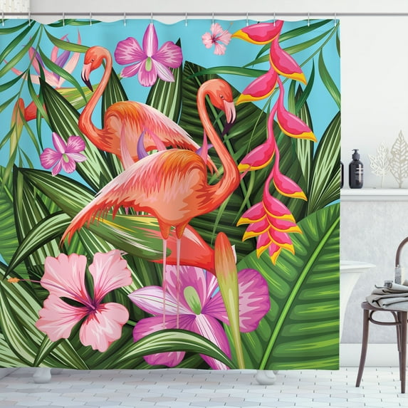 Ambesonne Flamingo Shower Curtain, Hibiscus Tropic Flower, 69"Wx84"L, Green Pink Blue