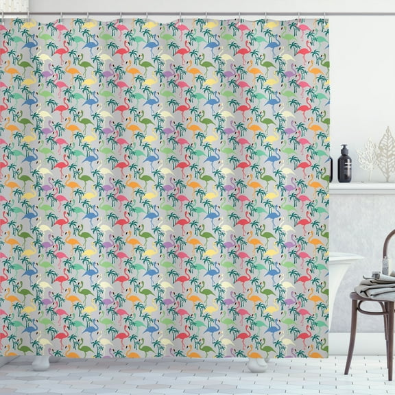 Ambesonne Flamingo Shower Curtain, Palm Tree Tropical Animals, 69"Wx84"L, Pastel Yellow Blue Grey