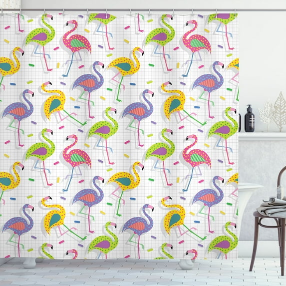 Ambesonne Flamingo Shower Curtain, Retro Colorful Pattern, 69"Wx84"L, Multicolor