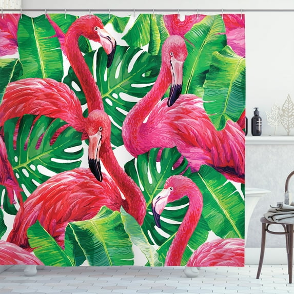 Ambesonne Flamingo Shower Curtain, Retro Exotic Leaves, 69"Wx84"L, Pink Green