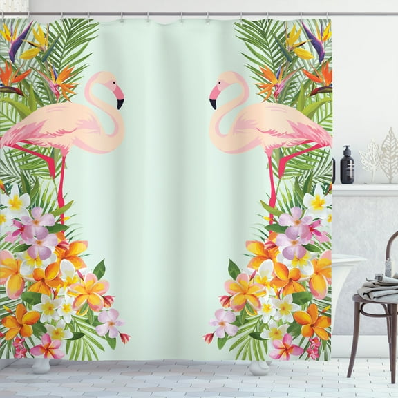 Ambesonne Flamingo Shower Curtain, Tropic Flowers Animals, 69"Wx84"L, Pale Blue Orange