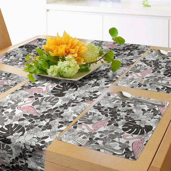 Ambesonne Flamingo Table Runner & Placemats, Orchid Palm, Placemat 4 pcs + Runner 16"x90", Coral Black Grey
