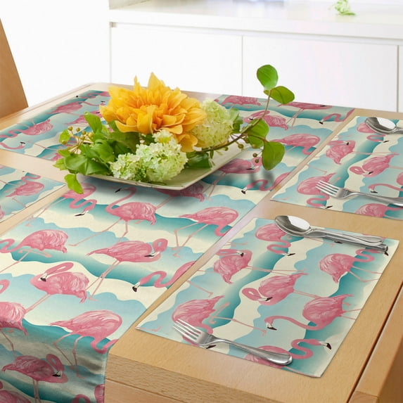 Ambesonne Flamingo Table Runner & Placemats, Tropic Birds and Waves, Placemat 4 pcs + Runner 12"x90", Blush Pale Teal Cream