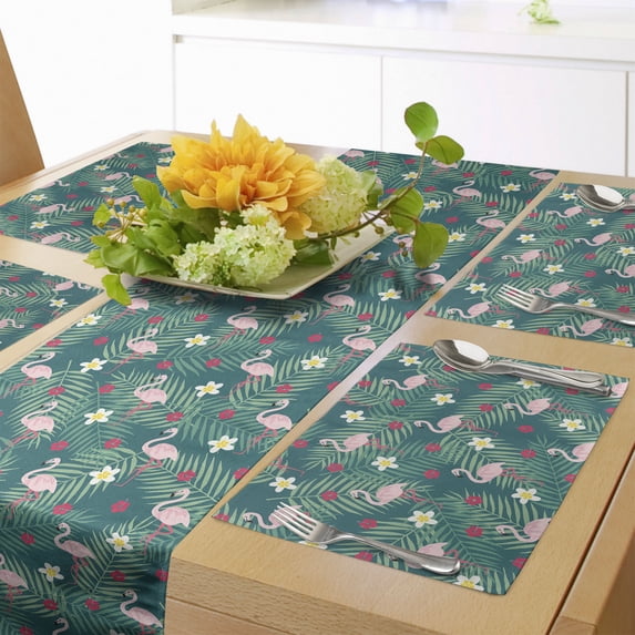 Ambesonne Flamingo Table Runner & Placemats, Tropical Plants Hibiscus, Placemat 4 pcs + Runner 16"x90", Dark Teal Rose Magenta
