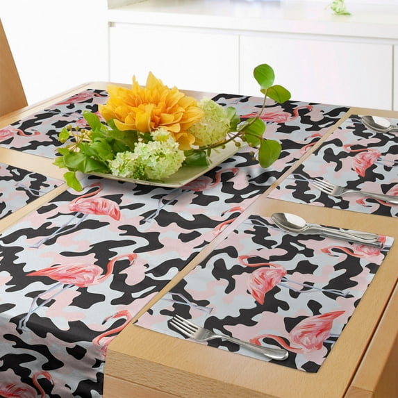 Ambesonne Flamingo Table Runner & Placemats, Watercolor Nature Camo, Placemat 4 pcs + Runner 16"x72", Dark Coral Pale Pink
