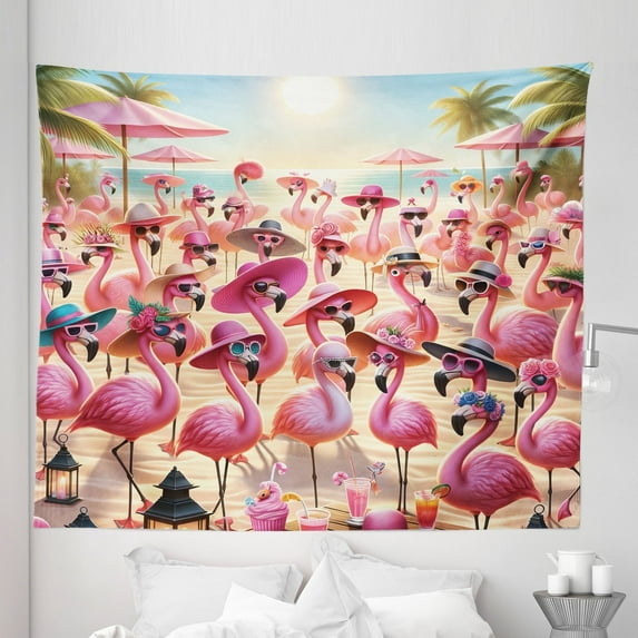 Ambesonne Flamingo Tapestry King Size, Tropical Birds Funny Beach, 104"x88", Pink Beige and Pale Sky Blue