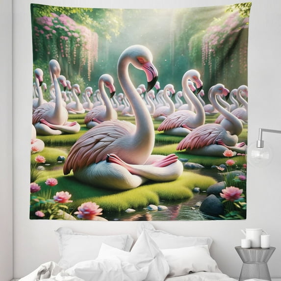 Ambesonne Flamingo Tapestry Queen Size, Serene Birds Nature Scene, 88"x88", Soft Pink and Lime Green