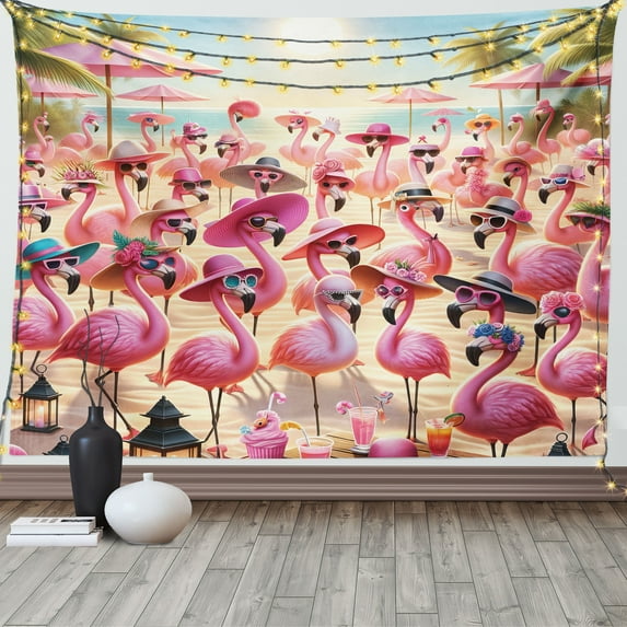 Ambesonne Flamingo Tapestry Wall Hanging, Tropical Birds Funny Beach, 80"x60", Pink Beige and Pale Sky Blue