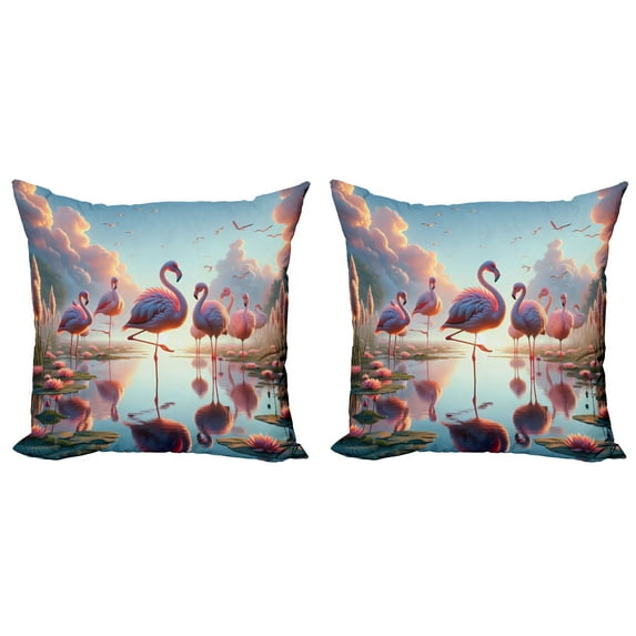 Ambesonne Flamingo Throw Pillow Cover 2 Pack, Blush Atmosphere Birds, 20", Pale Pink Soft Blue