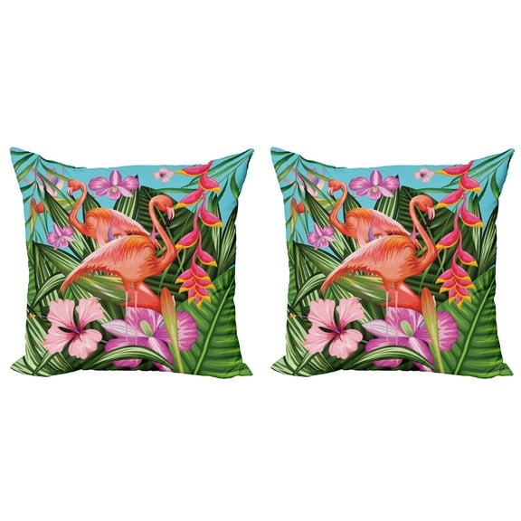 Ambesonne Flamingo Throw Pillow Cover 2 Pack, Hibiscus Tropic Flower, 16", Green Pink Blue
