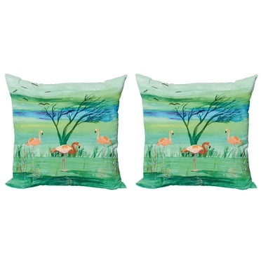 Ambesonne Flamingo Throw Pillow Cover 2 Pack, Nature and Birds, 16", Multicolor