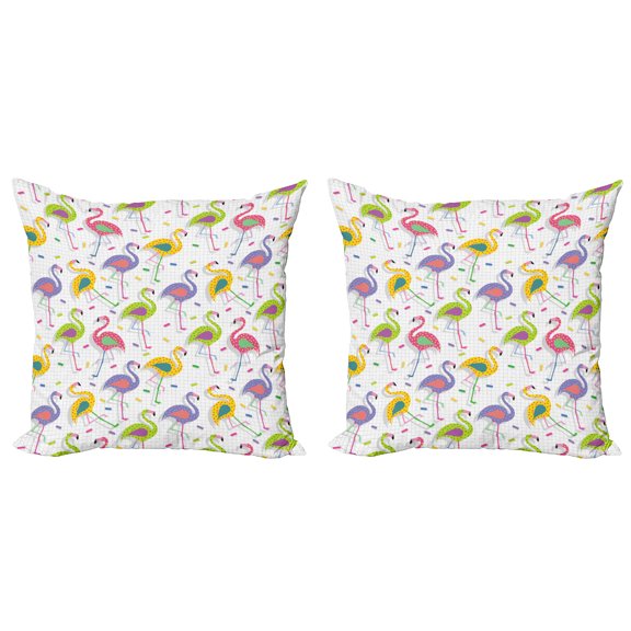 Ambesonne Flamingo Throw Pillow Cover 2 Pack, Retro Colorful Pattern, 24", Multicolor