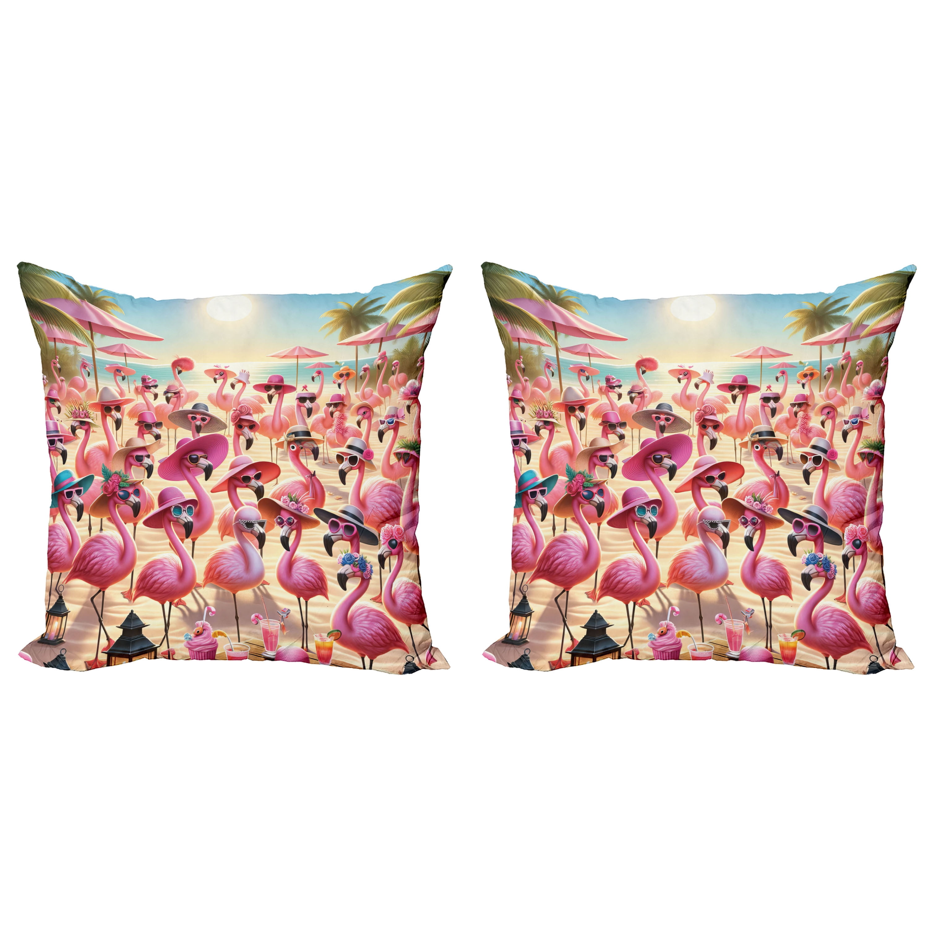 Pink Flamingo Beach Scene Microfiber Reversible Throw Pillow Set