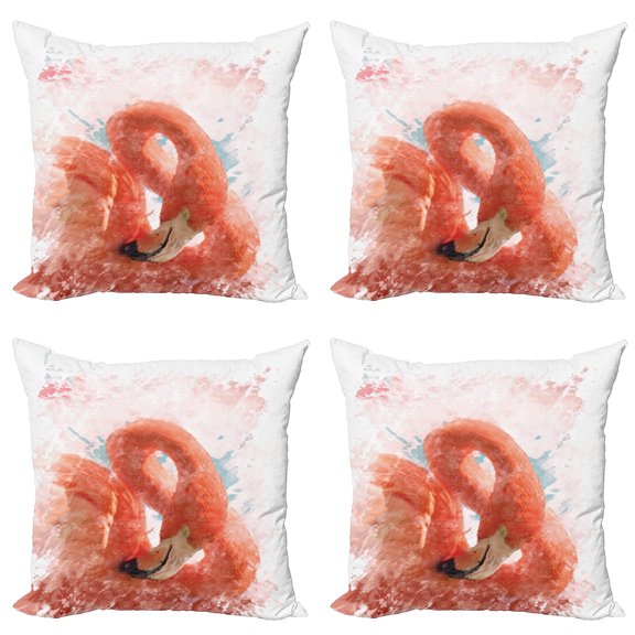 Ambesonne Flamingo Throw Pillow Cover 4 Pack, Exotic Bird Watercolor, 18", Orange White