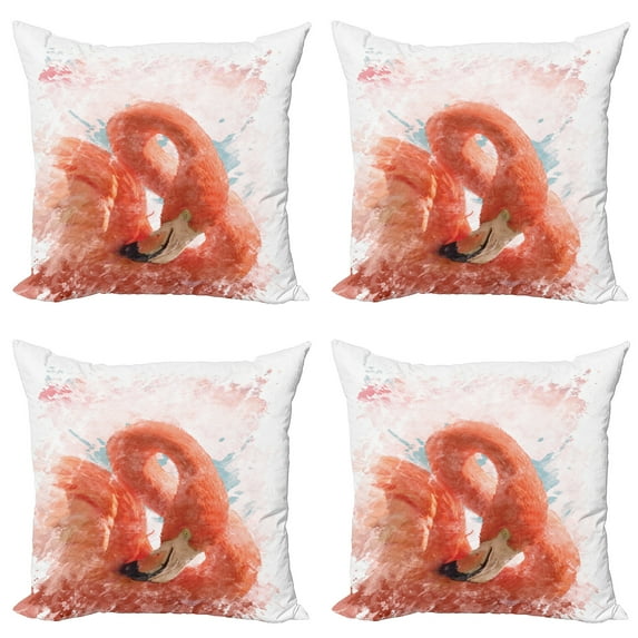 Ambesonne Flamingo Throw Pillow Cover 4 Pack, Exotic Bird Watercolor, 24", Orange White