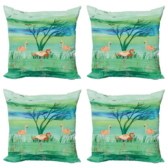 Ambesonne Flamingo Throw Pillow Cover 4 Pack, Nature and Birds, 20", Multicolor