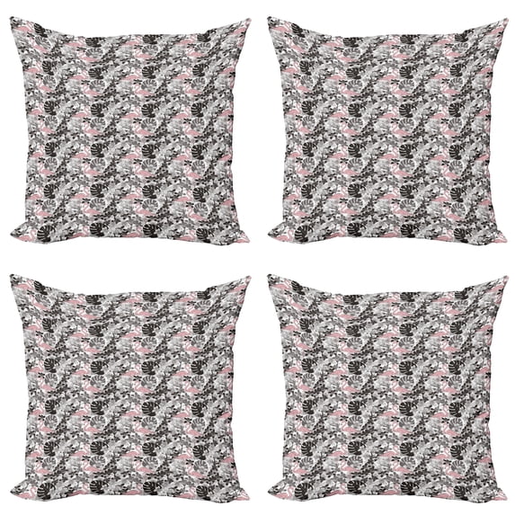 Ambesonne Flamingo Throw Pillow Cover 4 Pack, Orchid Palm, 20", Coral Black Grey
