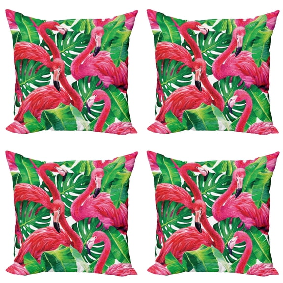 Ambesonne Flamingo Throw Pillow Cover 4 Pack, Retro Exotic Leaves, 20", Pink Green