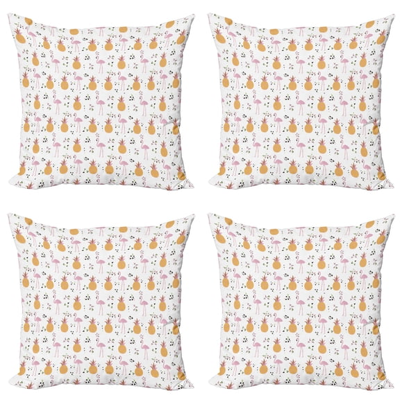 Ambesonne Flamingo Throw Pillow Cover 4 Pack, Tropical Animal Pineapples, 18", Pale Orange Pale Pink