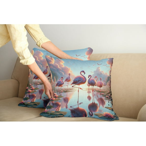 Ambesonne Flamingo Throw Pillow Cover Pack of 2, Blush Atmosphere Birds, 2 Pcs-16"x16", Pale Pink Soft Blue