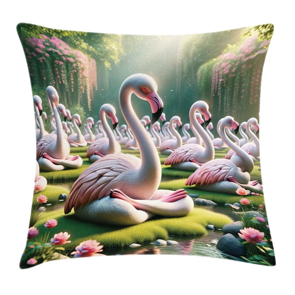 Ambesonne Flamingo Throw Pillow Cushion Cover, Serene Birds Nature Scene, 24" X 24", Soft Pink and Lime Green