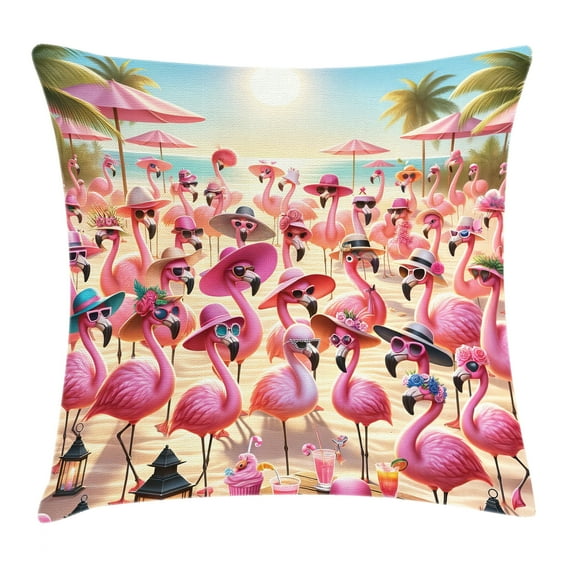 Ambesonne Flamingo Throw Pillow Cushion Cover, Tropical Birds Funny Beach, 28" X 28", Pink Beige and Pale Sky Blue