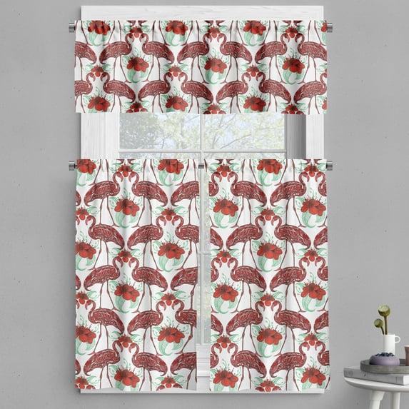 Ambesonne Flamingo Valance & Curtain, Floral Birds Hand Drawing, 55"x30", Red Coral Sea Green