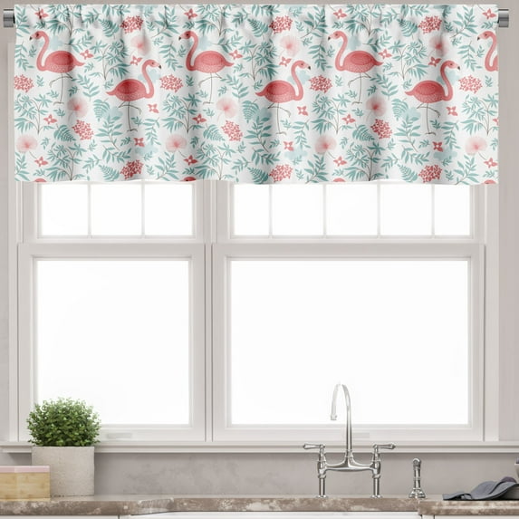 Ambesonne Flamingo Valance Pack of 2, Botanical Flourish, 42"X12", Seafoam Coral White