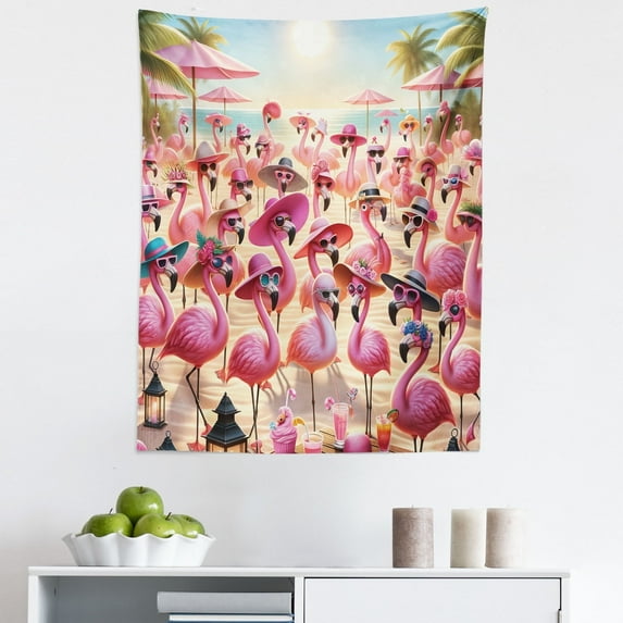 Ambesonne Flamingo Wall Hanging Tapestry, Tropical Birds Funny Beach, 23"x28", Pink Beige and Pale Sky Blue