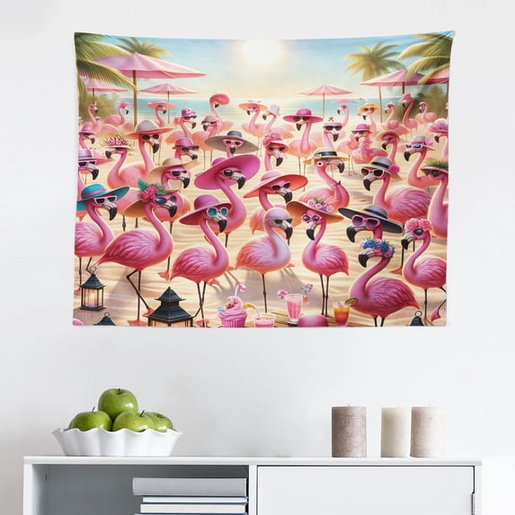 Ambesonne Flamingo Wall Hanging Tapestry, Tropical Birds Funny Beach, 28"x23", Pink Beige and Pale Sky Blue
