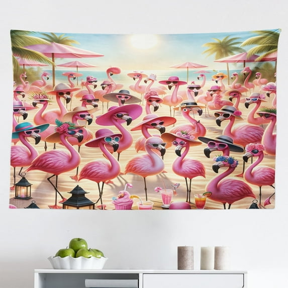Ambesonne Flamingo Wall Hanging Tapestry, Tropical Birds Funny Beach, 45"x30", Pink Beige and Pale Sky Blue