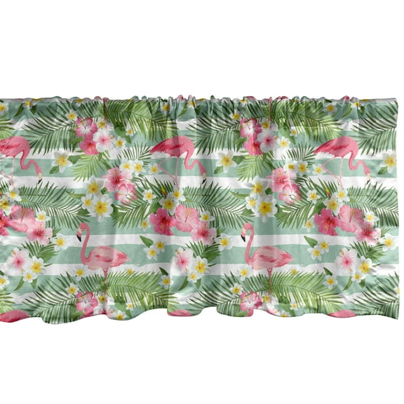 Ambesonne Flamingo Window Valance, Exotic Hawaiian Leaf, 54" X 12", Green Pink White