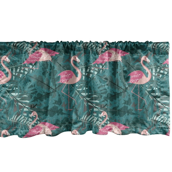 Ambesonne Flamingo Window Valance, Tropic Birds on Leaves, 54" X 18", Teal and Pink