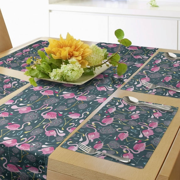 Ambesonne Flamingos Table Runner & Placemats, Exotic Bird Pattern, Placemat 4 pcs + Runner 14"x90", Dark Green Pale Pink