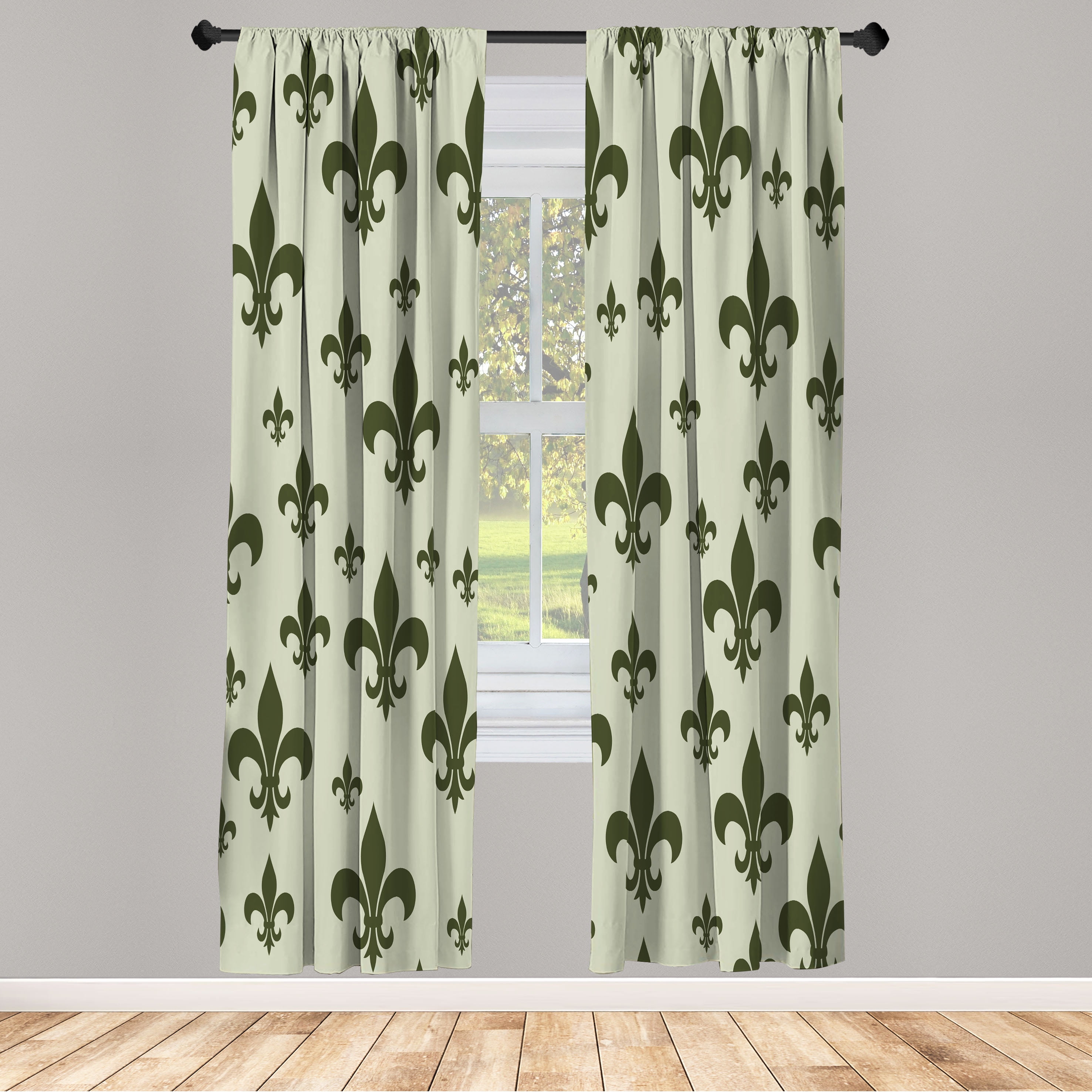 Olive Green Fleur De Lis Microfiber Curtain Panels