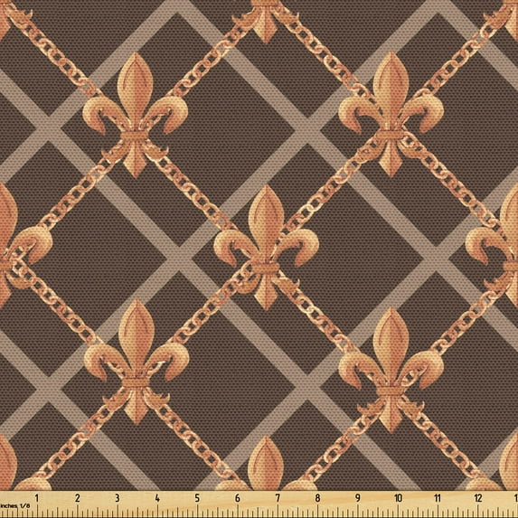 Ambesonne Fleur De Lis Fabric by the Yard Upholstery, French Pattern Squares, 2 Yards, Chocolate Marigold Tan