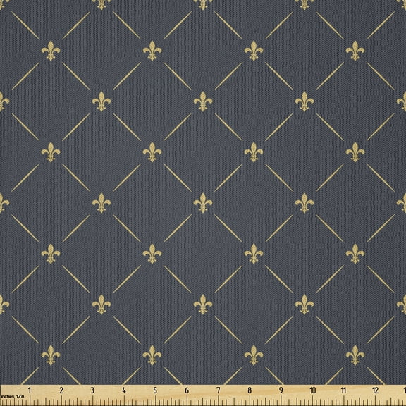 Ambesonne Fleur De Lis Fabric by the Yard Microfiber, Floral Checkered, 1 Yard, Grey Pale Yellow