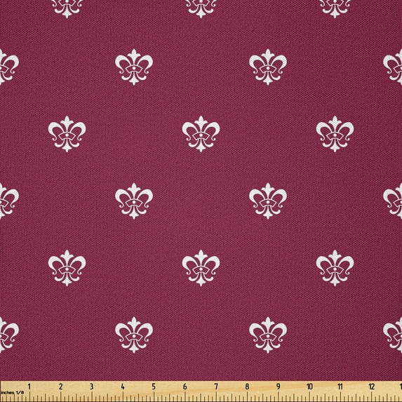 Ambesonne Fleur De Lis Fabric by the Yard Microfiber, Noble Medieval Pattern, 3 Yards, Dark Magenta White