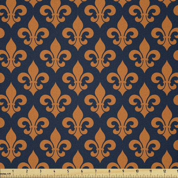 Ambesonne Fleur De Lis Fabric by the Yard Microfiber, Orange Heraldic, 10 Yards, Indigo Orange