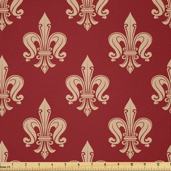 Ambesonne Fleur De Lis Fabric by the Yard Microfiber, Vintage Swirling Deco, 5 Yards, Peach and Vermilion