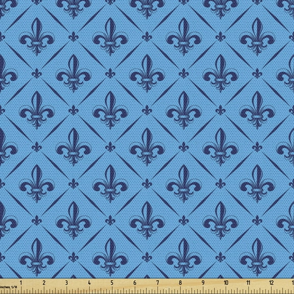 Ambesonne Fleur De Lis Fabric by the Yard Upholstery, Checkered Floral Form, 2 Yards, Blue Dark Blue