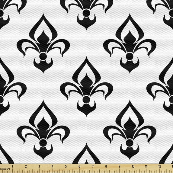 Ambesonne Fleur De Lis Fabric by the Yard Upholstery, Western Baroque, 5 Yards, Black White