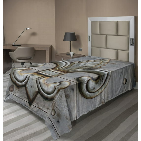 Ambesonne Fleur De Lis Flat Sheet, Sign Wood, TwinXL Size, Grey Brown