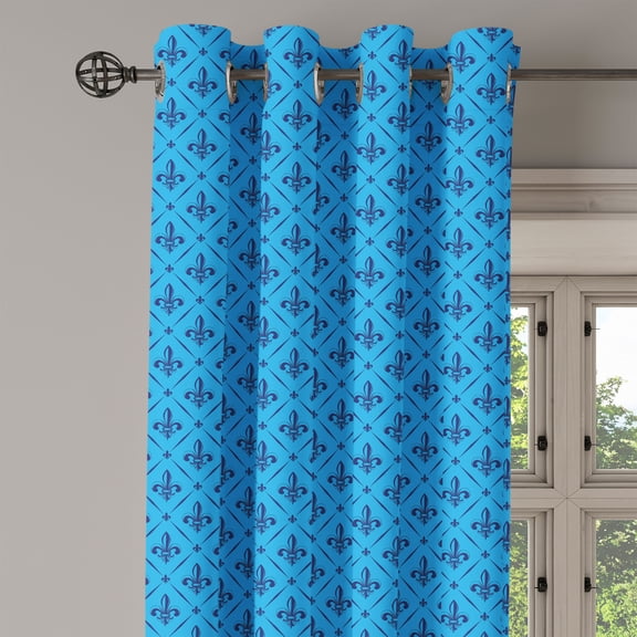 Ambesonne Fleur De Lis Grommet Curtain Single Panel, Checkered Floral Form, 50"x60", Blue Dark Blue